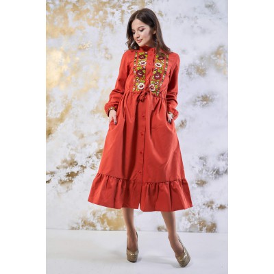 Embroidered Midi Dress "Whisper of Colour" Tangerine